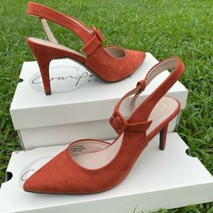 Orange suede slingback kitten heels